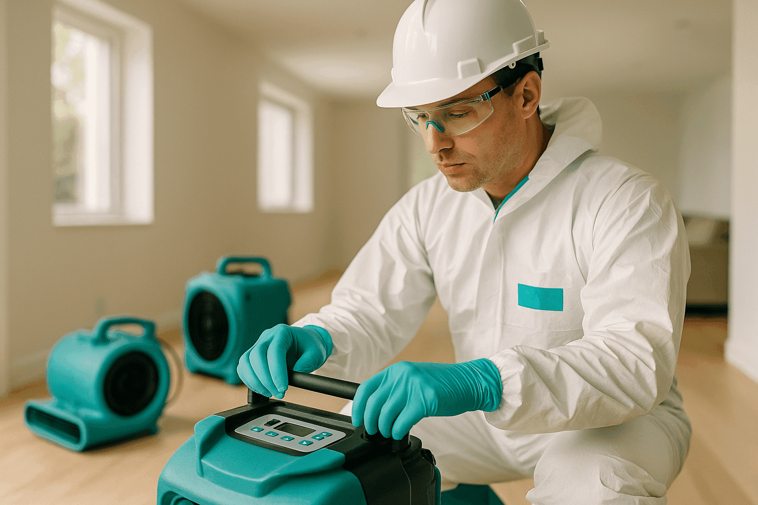 Professional water damage technician in PPE inspecting equipment in a clean residential room