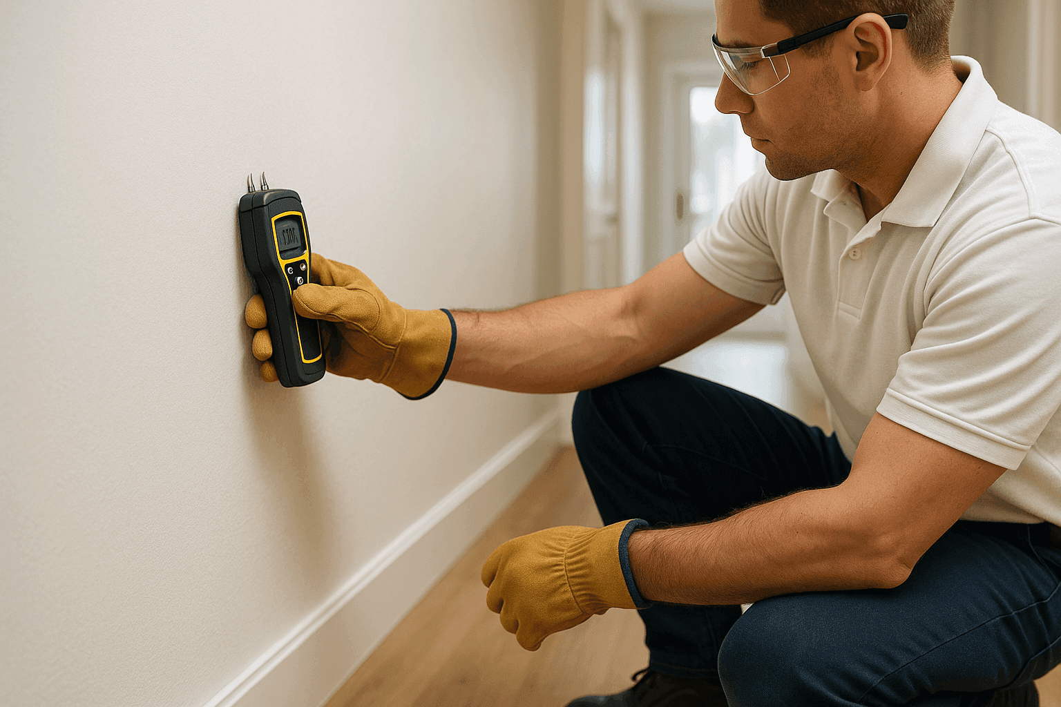 Technician using moisture meter on drywall in residential hallway