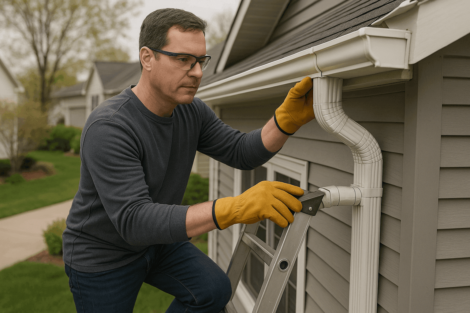 Homeowner inspecting downspouts and gutters outside two-story house