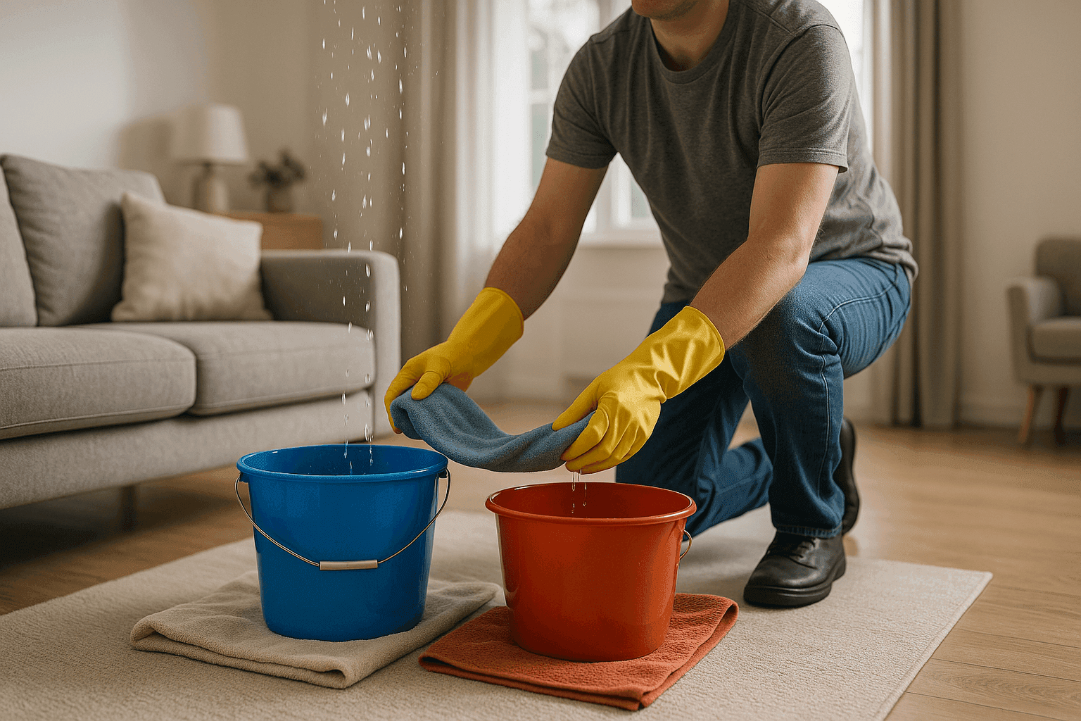 Homeowner placing towels and buckets under leaking ceiling in living room